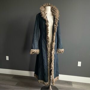Miss Sixty Denim Shearling Duster Coat | Long Fur Trim Jacket Y2K Boho Italy 90s